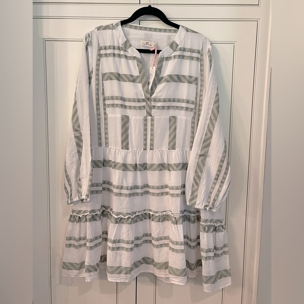NWT Vineyard Vines Breezy Jacquard Tiered Dress Sage Olive White XL